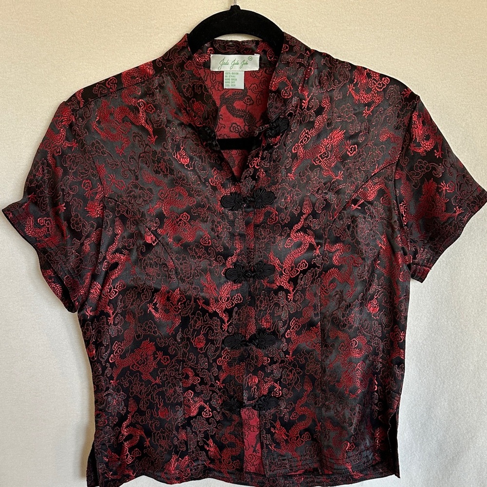 VTG Jade Jade Jade Silk-Blend Mandarin Collar Top - Red & Black